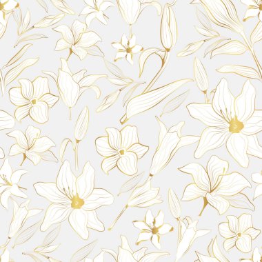   Altın bitkilerle kusursuz vektör deseni ve gri arka planda çizgi halinde çiçekler..