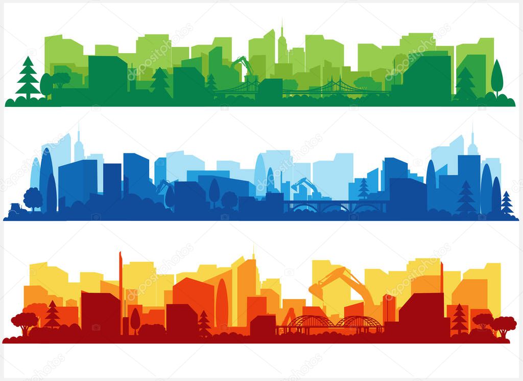   City view. City landscape in different colors. City silhouette.