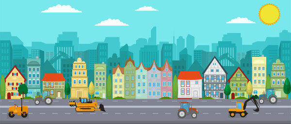   Vector poster overlooking the European city. A city with skyscrapers and working machines. City street.