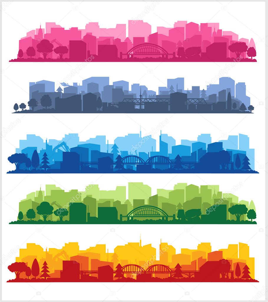   Collection of city landscapes on a light background. City landscape in different colors.