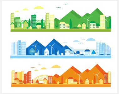   Dağların farklı renklerde olduğu şehir manzarası. Banliyö evleri ve gökdelenler. Şehir görünümü.