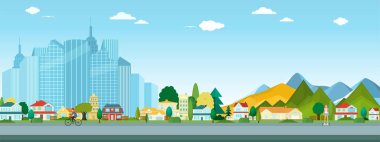   Ağaçlar ve evler ile metropol manzaralı vektör posteri. Sokak manzaralı. Gökdelenleri olan modern şehir