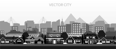   Şehir manzarası siyah beyaz. Banliyö evleri ve gökdelenleri olan vektör posteri.