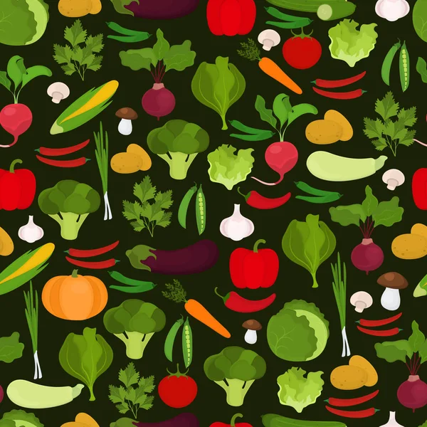 Nahtloses Vektormuster Mit Gemüse Auf Dunkelgrünem Hintergrund — Stockvektor