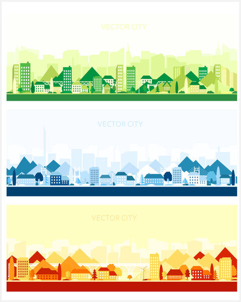   Three vector posters with city views. Modern cities with skyscrapers, houses and mountains. Panoramic view.