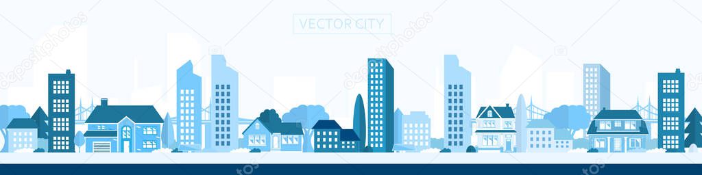   Vector poster with suburban houses and skyscrapers.Modern city in green with houses and trees.Eco city.