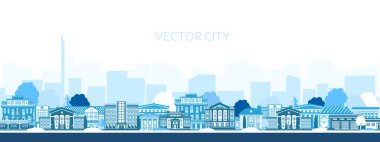   Mavili şehrin vektör posteri. Şehrin panoramik manzarası şehir binalarıyla.