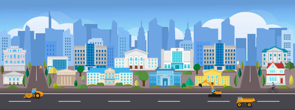   Vector poster with city view. Panoramic view. Modern skyscrapers and houses.