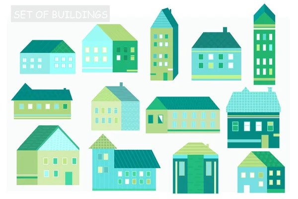 Набір Векторних Будинків Зеленому Синьому Кольорі Ікони Будинків — стоковий вектор