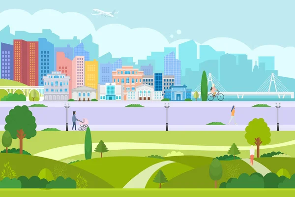 Cartel Vectorial Con Vista Ciudad Parque Ciudad Con Gente Ciudad — Vector de stock