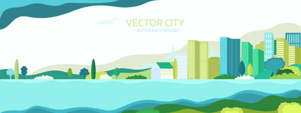   Vector poster with nature and city views.Suburban houses with skyscrapers and trees. Vector city.