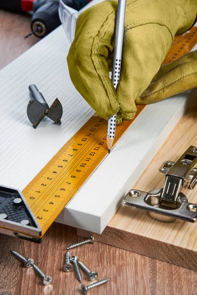 Installation Furniture Hinges Chipboard Tools Accessories Needed Perform Work Small — Stock Photo, Image