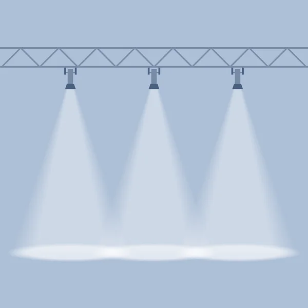 Drie spots schijnt neer. Verlichte stralen achtergrond. — Stockvector