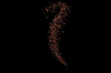 Siyah arka planda izole kahve çekirdekleri uçuşuyor. Kavrulmuş kahve taneleri patladı..