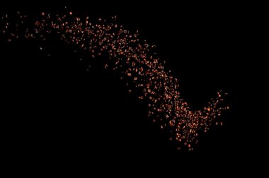 Siyah arka planda izole kahve çekirdekleri uçuşuyor. Kavrulmuş kahve taneleri patladı..