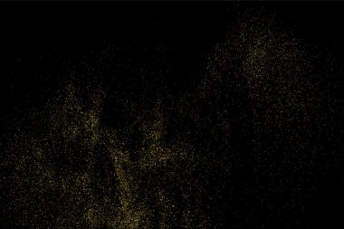 Siyah arka planda altın rengi parıltı dokusu. Altın konfeti patlaması. Siyah arkaplandaki altın taneli soyut doku. Tasarım elemanı. Vektör illüstrasyonuName.