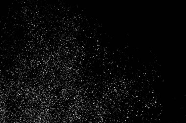 Sıkıntılı beyaz kumlu doku. Toz tabakası desenli. Tahıl gürültüsü partikülleri. Kar efektleri paketi. Paslı siyah arka plan. Vektör illüstrasyonu, EPS 10.  