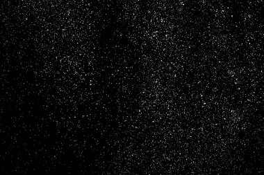 Sıkıntılı beyaz kumlu doku. Toz tabakası desenli. Tahıl gürültüsü partikülleri. Kar efektleri paketi. Paslı siyah arka plan. Vektör illüstrasyonu, EPS 10.  