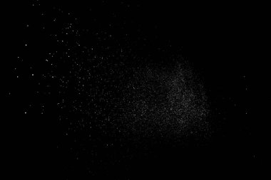 Sıkıntılı beyaz kumlu doku. Toz tabakası desenli. Tahıl gürültüsü partikülleri. Kar efektleri paketi. Paslı siyah arka plan. Vektör illüstrasyonu, EPS 10.  