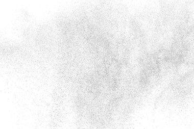 Sıkıntılı siyah doku. Beyaz arka planda koyu kumlu bir doku. Toz tabakası desenli. Tahıl gürültüsü partikülleri. Paslanmış beyaz efekt. Grunge tasarım elementleri. Vektör illüstrasyonu, EPS 10.