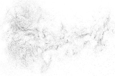 Sıkıntılı siyah doku. Beyaz arka planda koyu kumlu bir doku. Toz tabakası desenli. Tahıl gürültüsü partikülleri. Paslanmış beyaz efekt. Grunge tasarım elementleri. Vektör illüstrasyonu, EPS 10.