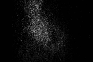 Sıkıntılı beyaz kumlu doku. Toz tabakası desenli. Tahıl gürültüsü partikülleri. Kar efektleri paketi. Paslı siyah arka plan. Vektör illüstrasyonu, EPS 10.  