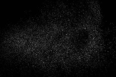 Sıkıntılı beyaz kumlu doku. Toz tabakası desenli. Tahıl gürültüsü partikülleri. Kar efektleri paketi. Paslı siyah arka plan. Vektör illüstrasyonu, EPS 10.  