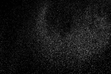 Sıkıntılı beyaz kumlu doku. Toz tabakası desenli. Tahıl gürültüsü partikülleri. Kar efektleri paketi. Paslı siyah arka plan. Vektör illüstrasyonu, EPS 10.  