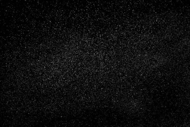 Sıkıntılı beyaz kumlu doku. Toz tabakası desenli. Tahıl gürültüsü partikülleri. Kar efektleri paketi. Paslı siyah arka plan. Vektör illüstrasyonu, EPS 10.  