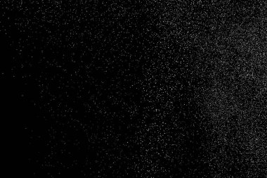 Sıkıntılı beyaz kumlu doku. Toz tabakası desenli. Tahıl gürültüsü partikülleri. Kar efektleri paketi. Paslı siyah arka plan. Vektör illüstrasyonu, EPS 10.  