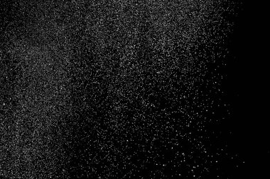 Sıkıntılı beyaz kumlu doku. Toz tabakası desenli. Tahıl gürültüsü partikülleri. Kar efektleri paketi. Paslı siyah arka plan. Vektör illüstrasyonu, EPS 10.  