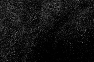 Sıkıntılı beyaz kumlu doku. Toz tabakası desenli. Tahıl gürültüsü partikülleri. Kar efektleri paketi. Paslı siyah arka plan. Vektör illüstrasyonu, EPS 10.  