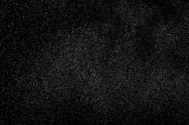 Sıkıntılı beyaz kumlu doku. Toz tabakası desenli. Tahıl gürültüsü partikülleri. Kar efektleri paketi. Paslı siyah arka plan. Vektör illüstrasyonu, EPS 10.  