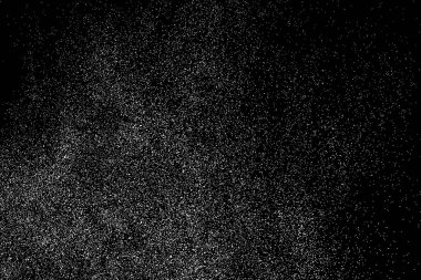 Sıkıntılı beyaz kumlu doku. Toz tabakası desenli. Tahıl gürültüsü partikülleri. Kar efektleri paketi. Paslı siyah arka plan. Vektör illüstrasyonu, EPS 10.  