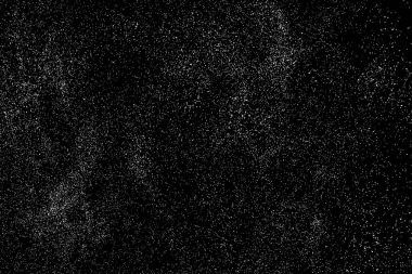 Sıkıntılı beyaz kumlu doku. Toz tabakası desenli. Tahıl gürültüsü partikülleri. Kar efektleri paketi. Paslı siyah arka plan. Vektör illüstrasyonu, EPS 10.  