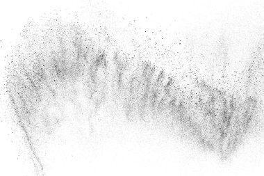 Sıkıntılı siyah doku. Beyaz arka planda koyu kumlu bir doku. Toz tabakası desenli. Tahıl gürültüsü partikülleri. Paslanmış beyaz efekt. Grunge tasarım elementleri. Vektör illüstrasyonu, EPS 10.