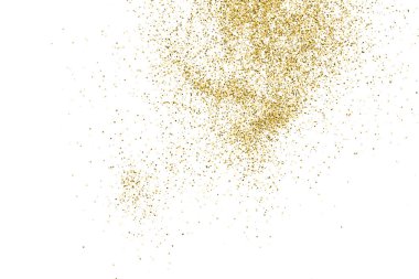 Beyazda izole edilmiş altın rengi parıltı dokusu. Amber Parçacık Rengi. Kutlama arkaplanı. Altın Konfeti Patlaması. Vektör İllüstrasyonu, Eps 10.