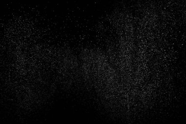 Sıkıntılı beyaz kumlu doku. Toz tabakası desenli. Tahıl gürültüsü partikülleri. Kar efektleri paketi. Paslı siyah arka plan. Vektör illüstrasyonu, EPS 10.  