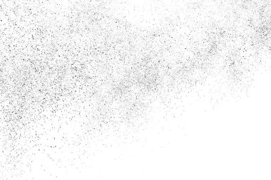 Sıkıntılı siyah doku. Beyaz arka planda koyu kumlu bir doku. Toz tabakası desenli. Tahıl gürültüsü partikülleri. Paslanmış beyaz efekt. Grunge tasarım elementleri. Vektör illüstrasyonu, EPS 10.