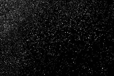 Sıkıntılı beyaz kumlu doku. Toz tabakası desenli. Tahıl gürültüsü partikülleri. Kar efektleri paketi. Paslı siyah arka plan. Vektör illüstrasyonu, EPS 10.  