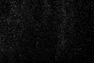 Sıkıntılı beyaz kumlu doku. Toz tabakası desenli. Tahıl gürültüsü partikülleri. Kar efektleri paketi. Paslı siyah arka plan. Vektör illüstrasyonu, EPS 10.  