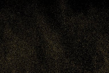 Siyah Arkaplan 'da izole edilmiş altın parıltılı doku. Altın yıldız tozu. Amber Parçacık Rengi. Parıltı Yağmuru. Vektör İllüstrasyonu, Eps 10.