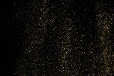 Siyah Arkaplan 'da izole edilmiş altın parıltılı doku. Altın yıldız tozu. Amber Parçacık Rengi. Parıltı Yağmuru. Vektör İllüstrasyonu, Eps 10.