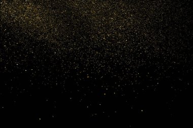 Siyah Arkaplan 'da izole edilmiş altın parıltılı doku. Altın yıldız tozu. Amber Parçacık Rengi. Parıltı Yağmuru. Vektör İllüstrasyonu, Eps 10.