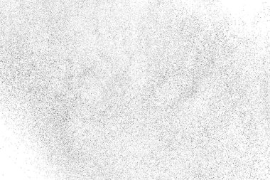 Sıkıntılı siyah doku. Beyaz arka planda koyu kumlu bir doku. Toz tabakası desenli. Tahıl gürültüsü partikülleri. Paslanmış beyaz efekt. Grunge tasarım elementleri. Vektör illüstrasyonu, EPS 10.