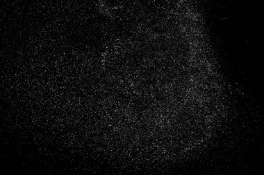 Sıkıntılı beyaz kumlu doku. Toz tabakası desenli. Tahıl gürültüsü partikülleri. Kar efektleri paketi. Paslı siyah arka plan. Vektör illüstrasyonu, EPS 10.  