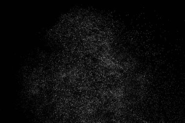 Sıkıntılı beyaz kumlu doku. Toz tabakası desenli. Tahıl gürültüsü partikülleri. Kar efektleri paketi. Paslı siyah arka plan. Vektör illüstrasyonu, EPS 10.  