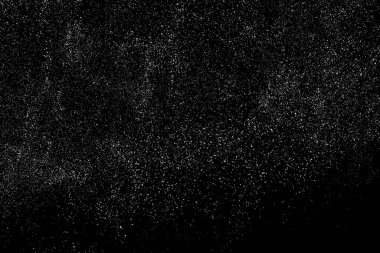 Sıkıntılı beyaz kumlu doku. Toz tabakası desenli. Tahıl gürültüsü partikülleri. Kar efektleri paketi. Paslı siyah arka plan. Vektör illüstrasyonu, EPS 10.  