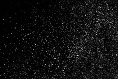 Sıkıntılı beyaz kumlu doku. Toz tabakası desenli. Tahıl gürültüsü partikülleri. Kar efektleri paketi. Paslı siyah arka plan. Vektör illüstrasyonu, EPS 10.  