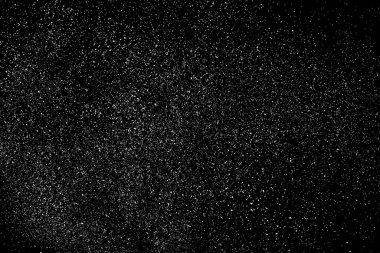 Sıkıntılı beyaz kumlu doku. Toz tabakası desenli. Tahıl gürültüsü partikülleri. Kar efektleri paketi. Paslı siyah arka plan. Vektör illüstrasyonu, EPS 10.  